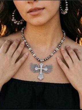 Silver Winged Rhinestone Cross Beaded Necklace - Women's Jewelry